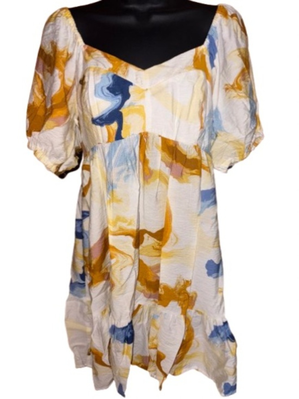 Nine West White Marble-Print Puff Sleeve Midi Dress Size M